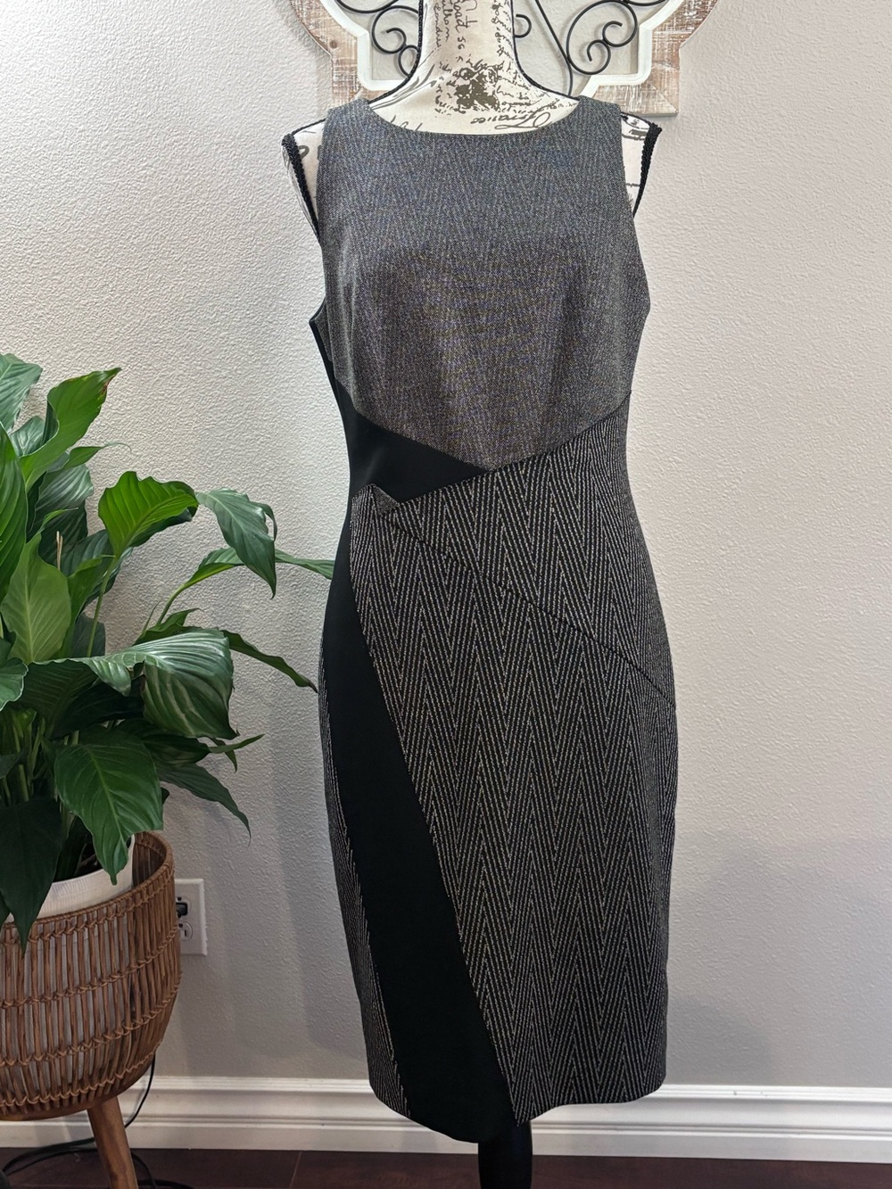 Classiques Entier Black and Charcoal Herringbone Sheath Dress